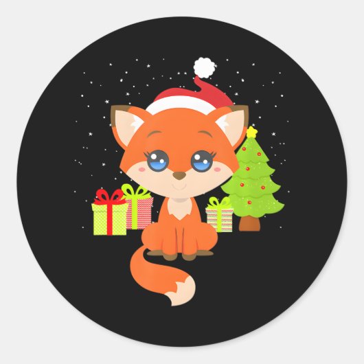 Schattige Christmas Fox Santa Hat Kerstboom n Ronde Sticker (Voorkant)
