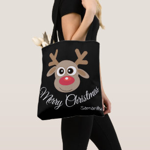 Schattige Christmas Fun Cartoon rendier zwart Tote Bag