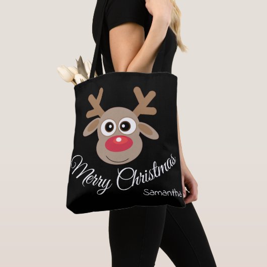 Schattige Christmas Fun Cartoon rendier zwart Tote Bag (Dichtbij)