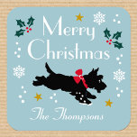 Schattige Christmas Scottie Dog Custom Blue Vierkante Sticker<br><div class="desc">Voeg een beetje grillige charme toe aan het vakantieseizoen met deze schattige gepersonaliseerde Kerst stickers! Ze zijn voorzien van originele kunstwerken, met een feestelijke Schotse hond langs in de sneeuw, omgeven door holly's, sneeuwvlokken en sterren. Het kleurenpalet bevat rood, groen, wit en geel goud op een blauwe achtergrond. Er zijn...</div>