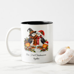 Schattige Christmasween Papegaaiduikers Romantisch Tweekleurige Koffiemok