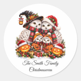 Schattige Christmasween Sneeuwuil Familie Winter V Ronde Sticker