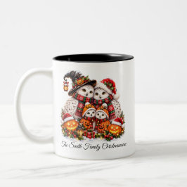 Schattige Christmasween Sneeuwuil Familie Winter V Tweekleurige Koffiemok