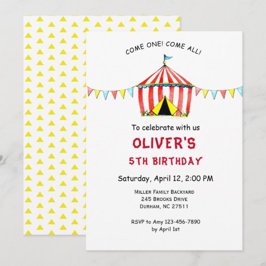 Schattige Circus Carnaval Kids verjaardagsuitnodig Kaart (Voorkant / Achterkant)