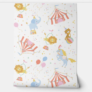 Schattige Circus met tenten en dieren op wit Behang