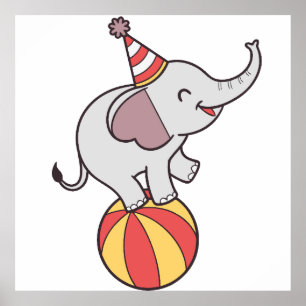 Schattige Circus Olifant op Bal – Verjaardagsfeest Poster