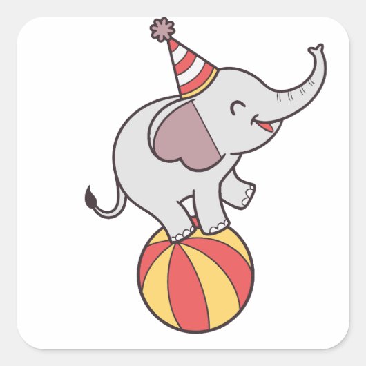Schattige Circus Olifant op Bal – Verjaardagsfeest Vierkante Sticker (Voorkant)