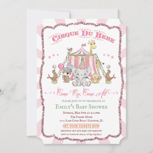 Schattige Circus Roze Baby shower Uitnodiging (Voorkant)