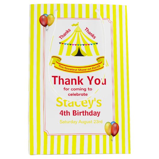 Schattige Circus Verjaardagsfeest Bedankt Geel Medium Cadeauzakje (Voorkant)