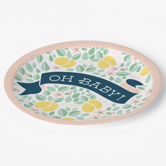 Schattige citroengeel roze botanisch Baby shower Papieren Bordje (Gekanteld)