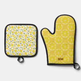 Schattige citroenontwerp ovenwant & pannenlap set
