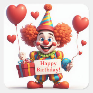 Schattige clown met bord met cadeau ❤️ vierkante sticker