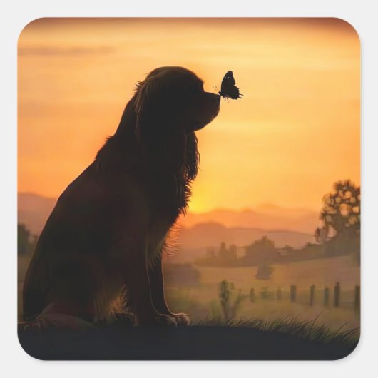 Schattige Cocker Spaniel in Zonsondergang Met Vlin Vierkante Sticker (Voorkant)