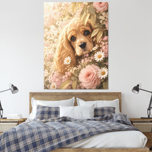 Schattige Cocker Spaniel tussen bloemen Canvas Afdruk (Insitu (Slaapkamer))