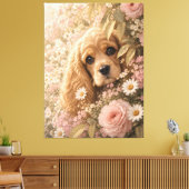 Schattige Cocker Spaniel tussen bloemen Canvas Afdruk (Insitu (Woonkamer))