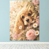 Schattige Cocker Spaniel tussen bloemen Canvas Afdruk (Insitu (Houten vloer))