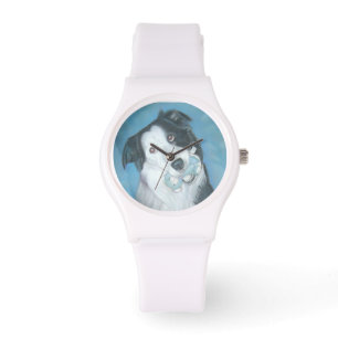 schattige collie aan de zwarte en witte grens met horloge