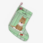 Schattige Collie Dog Groen Houten Omheining Monogr Kleine Kerstsok (Voorkant (Hangend))