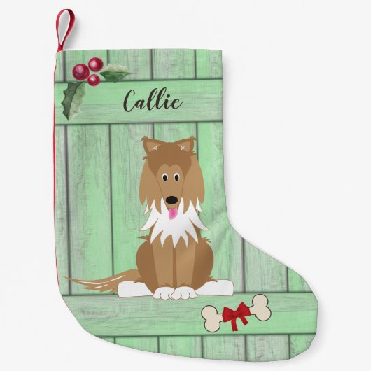 Schattige Collie Dog Groen Houten Omheining Monogr Kleine Kerstsok (Voorkant)