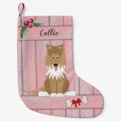 Schattige Collie Dog Pink Wooden Fence Monogram Kleine Kerstsok (Voorkant)