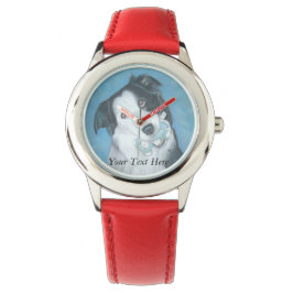schattige colliehond met blauwe teddybeer horloge