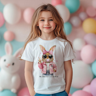 Schattige Cool Bunny Peace Sign Custom Text Girl's Kinder Shirts