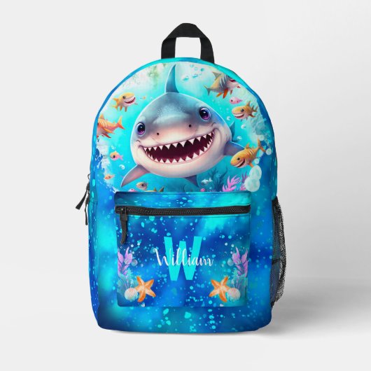 Schattige Cool Happy Shark Blue Ocean Name Monogra Bedrukte Rugzak (Voorkant)