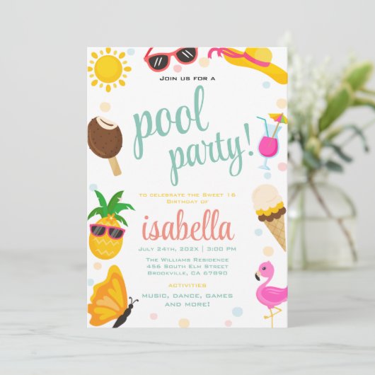 Schattige Cool Tropical Pool Party Zomerverjaardag Kaart (Staand voorkant)