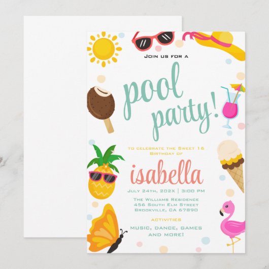 Schattige Cool Tropical Pool Party Zomerverjaardag Kaart (Voorkant / Achterkant)