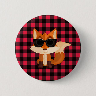 Schattige Coole Vos met Zonnebril op Rode Gingham Ronde Button 5,7 Cm