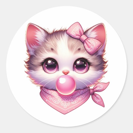 Schattige Coquette Kat Roze Bow Bandanna Bubble Gu Ronde Sticker (Voorkant)