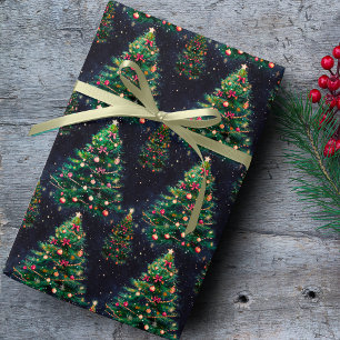 Schattige Coquette Kerstbomen donker marineblauw Cadeaupapier
