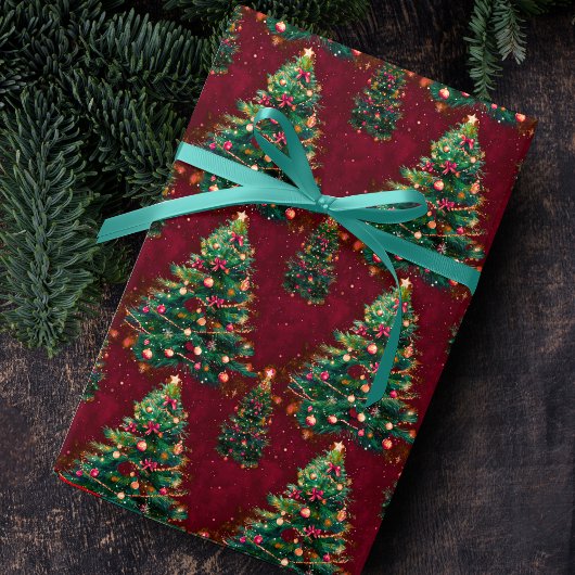 Schattige Coquette Kerstbomen donkerrood Cadeaupapier
