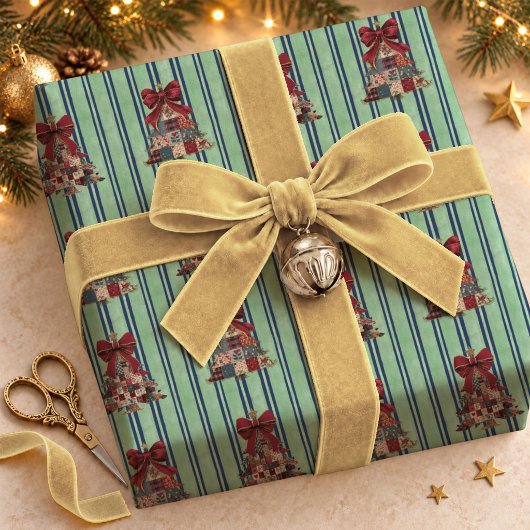 Schattige Coquette Patchwork Gestreepte Kerstbomen Cadeaupapier