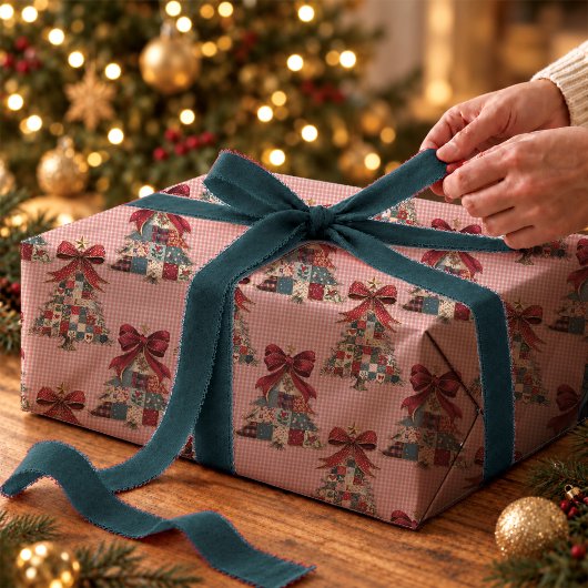 Schattige Coquette Patchwork Gingham Kerstbomen Cadeaupapier