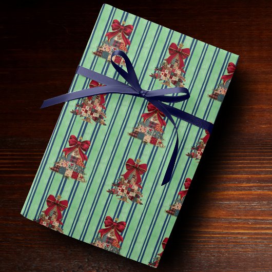 Schattige coquette patchwork kerstbomen gestreept cadeaupapier