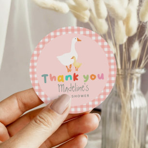 Schattige Coquette Roze Gingham Dwaze Gans Baby Sh Ronde Sticker
