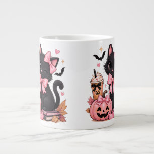 Schattige Coquette Zwarte Kat Halloween met Roze S Grote Koffiekop