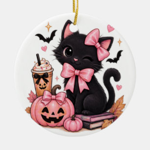 Schattige Coquette Zwarte Kat Halloween met Roze S Keramisch Ornament