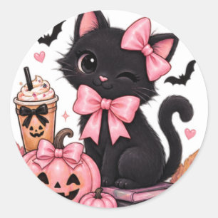 Schattige Coquette Zwarte Kat Halloween met Roze S Ronde Sticker
