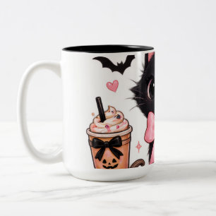Schattige Coquette Zwarte Kat Halloween met Roze S Tweekleurige Koffiemok