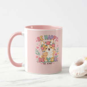 Schattige Corgi Bloemenkrans Wees Gelukkig Wees Je Mok
