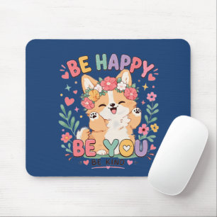 Schattige Corgi Bloemenkrans Wees Gelukkig Wees Je Muismat