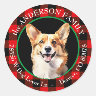 Schattige Corgi Dog Buffalo Plaid Retouradres Ronde Sticker