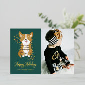 Schattige Corgi en Slingerlichtjes Foto Prettig Ke Folie Feestdagenkaart (Staand Voorkant)