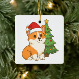 Schattige Corgi-hond in een Rode Hoed met Kerstboo Keramisch Ornament