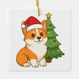 Schattige Corgi-hond in een Rode Hoed met Kerstboo Keramisch Ornament