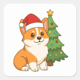 Schattige Corgi-hond in een Rode Hoed met Kerstboo Vierkante Sticker