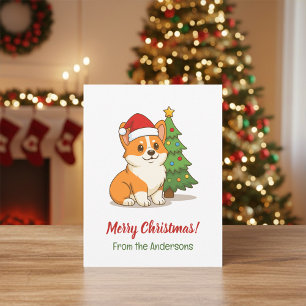 Schattige Corgi-hond met een Rode Hoed bij Kerstbo Briefkaart