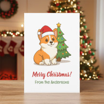 Schattige Corgi-hond met een Rode Hoed bij Kerstbo